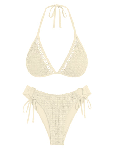 ZAFUL Women's Halter Triangle Bikini Set Crochet Boho Floral Swimsuit Cut Out Tie Side Two Piece Bathing Suit-AMZ