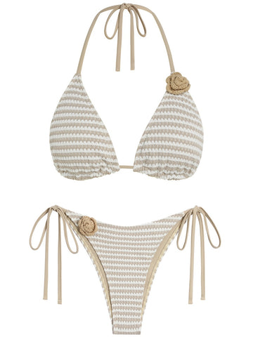 ZAFUL Women Bikini Set Two Piece Textured Crochet Color Block 3D Rose Tie Back Halter Cheeky Swimsuit