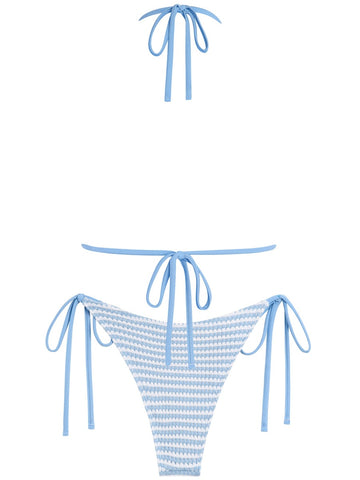 ZAFUL Women Bikini Set Two Piece Textured Crochet Color Block 3D Rose Tie Back Halter Cheeky Swimsuit