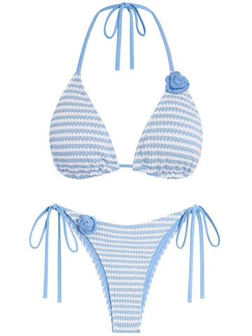 ZAFUL Women Bikini Set Two Piece Textured Crochet Color Block 3D Rose Tie Back Halter Cheeky Swimsuit