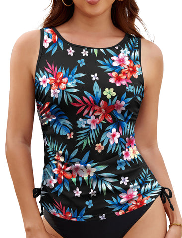 ZAFUL Tankini Tops for Women Only - Modest Swim Tank Top Scoop Neck Side Drawstring Tummy Control Swimsuit Top No Bottom