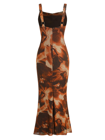 ZAFUL Sleeveless Cocktail Floral Mesh Ruched Bodycon Maxi Party Long Dress