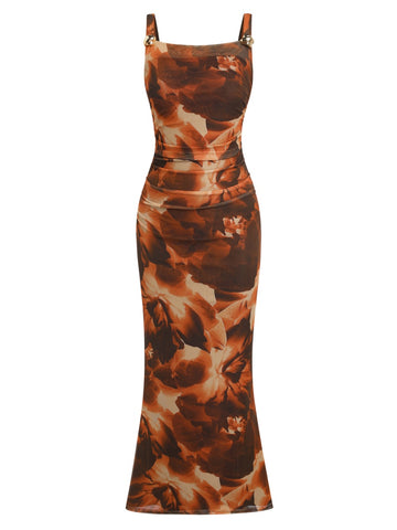 ZAFUL Sleeveless Cocktail Floral Mesh Ruched Bodycon Maxi Party Long Dress