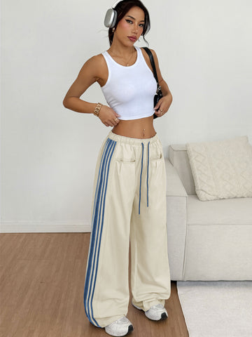 ZAFUL Women's Colorblock Straight Casual Pants Drawstring Slouchy Palazzo Pant Side Striped Lounge Trouser with Pockets-AMZ