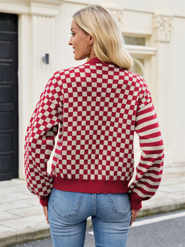 ZAFUL Women's Checkered Striped Cropped Cardigan Sweater Button Front Open Knitted Outerwear