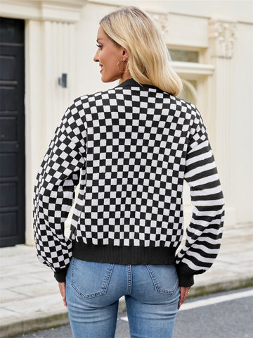 ZAFUL Women's Checkered Striped Cropped Cardigan Sweater Button Front Open Knitted Outerwear