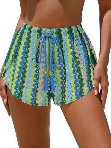 ZAFUL Women's Striped Elastic Waist Beach Swim Shorts
