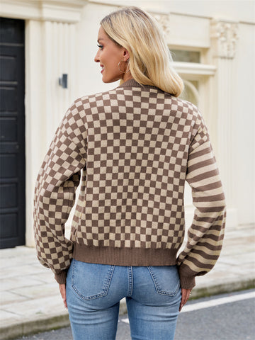 ZAFUL Women's Checkered Striped Cropped Cardigan Sweater Button Front Open Knitted Outerwear