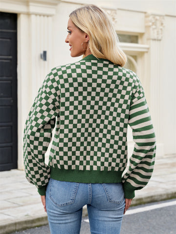 ZAFUL Women's Checkered Striped Cropped Cardigan Sweater Button Front Open Knitted Outerwear