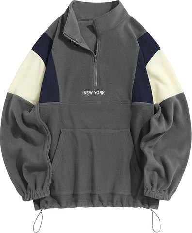 ZAFUL Men's Fluffy Polar Fleece Sweatshirt NEW YORK Embroidery Colorblock Half Zip Unisex Hoodie