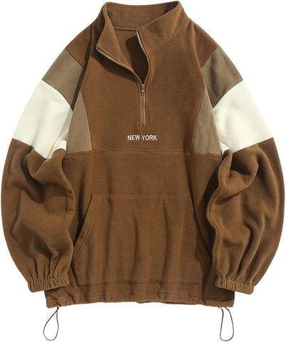ZAFUL Men's Fluffy Polar Fleece Sweatshirt NEW YORK Embroidery Colorblock Half Zip Unisex Hoodie-AMAZON