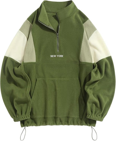 ZAFUL Men's Fluffy Polar Fleece Sweatshirt NEW YORK Embroidery Colorblock Half Zip Unisex Hoodie-AMAZON