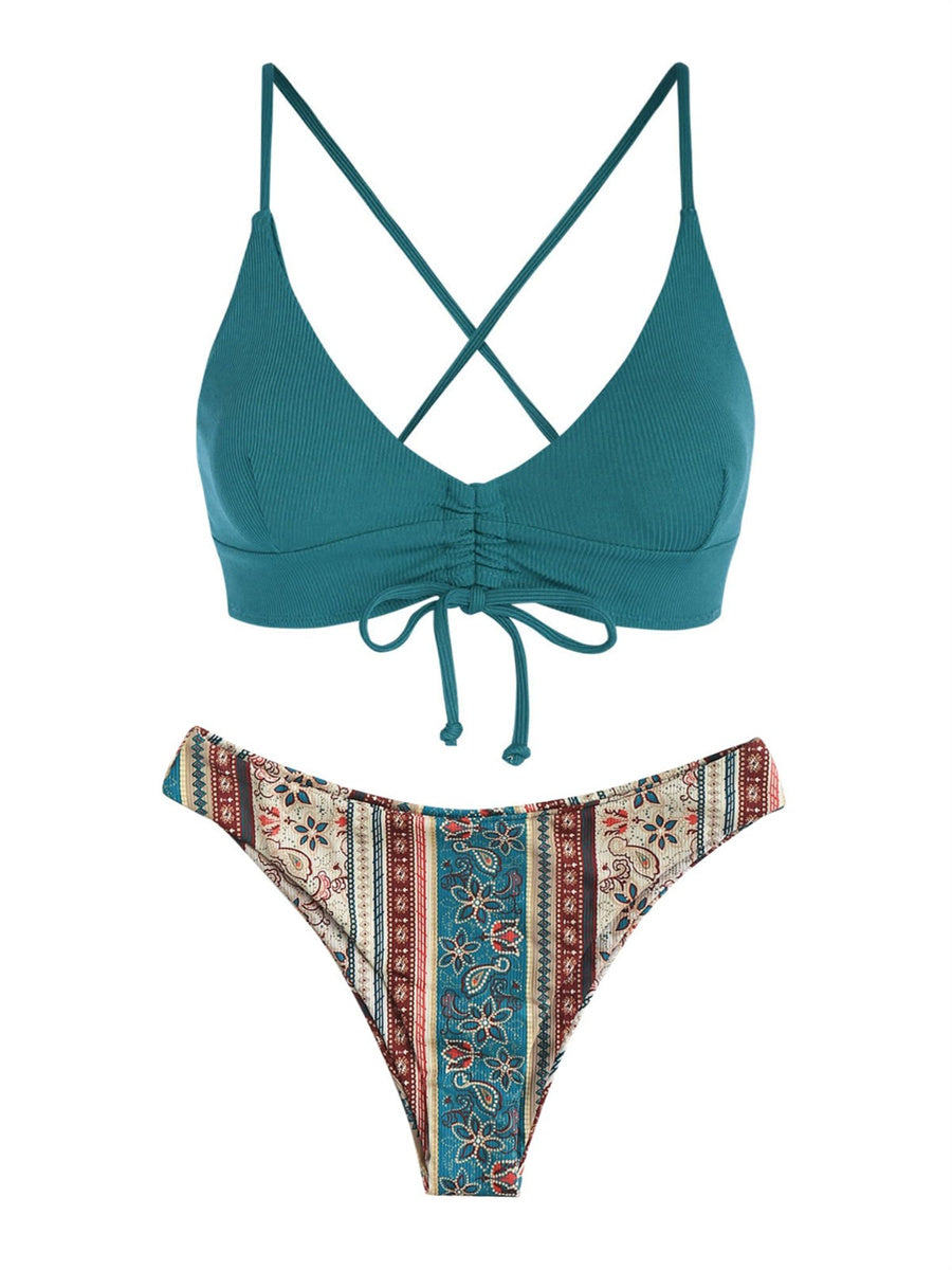 ZAFUL Women's Draw String Front Boho Ethnic Print Floral Bikini Swimsuit