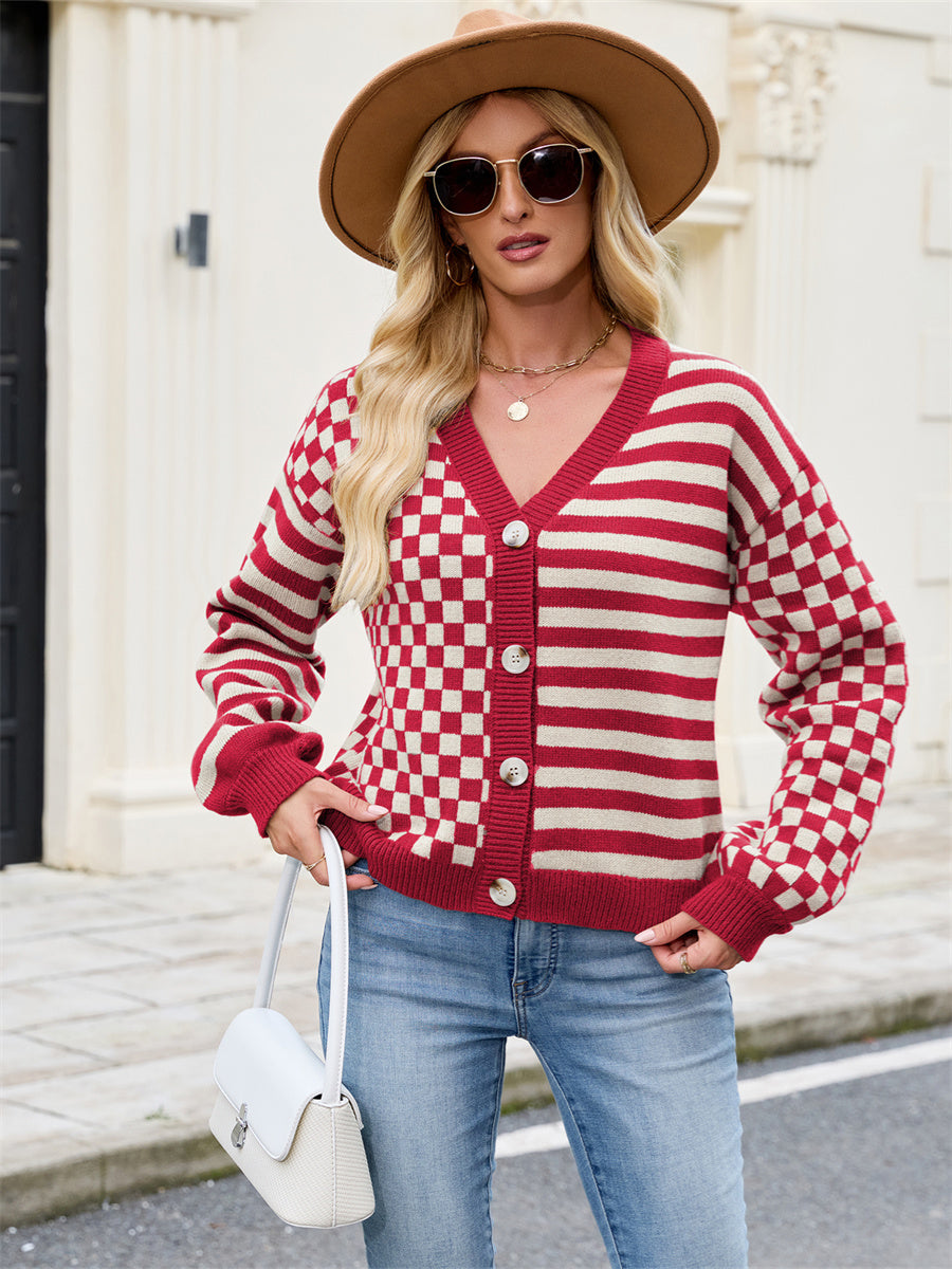ZAFUL Women's Checkered Striped Cropped Cardigan Sweater Button Front Open Knitted Outerwear