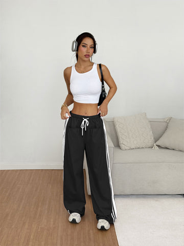 ZAFUL Women's Colorblock Straight Casual Pants Drawstring Slouchy Palazzo Pant Side Striped Lounge Trouser with Pockets-AMZ