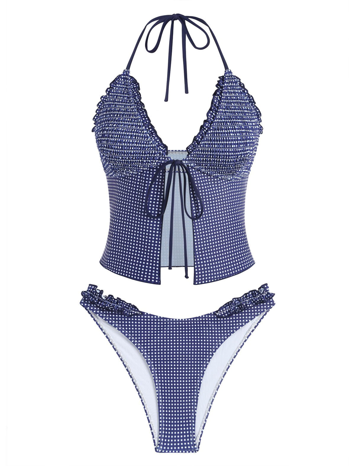 Smocked Ruffles Bowknot Textured Tanga Tankini -AMZ
