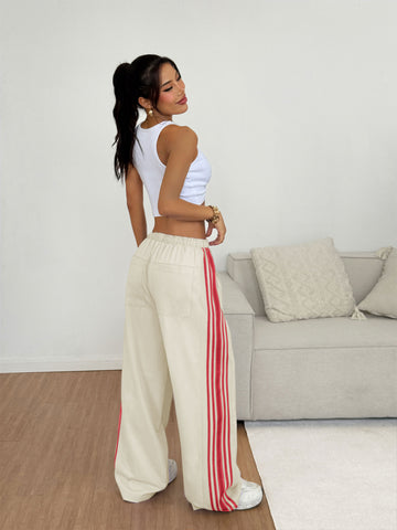 ZAFUL Women's Colorblock Straight Casual Pants Drawstring Slouchy Palazzo Pant Side Striped Lounge Trouser with Pockets-AMZ