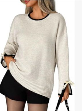Contrast Color Crew Neck Slit Cuff Pullover