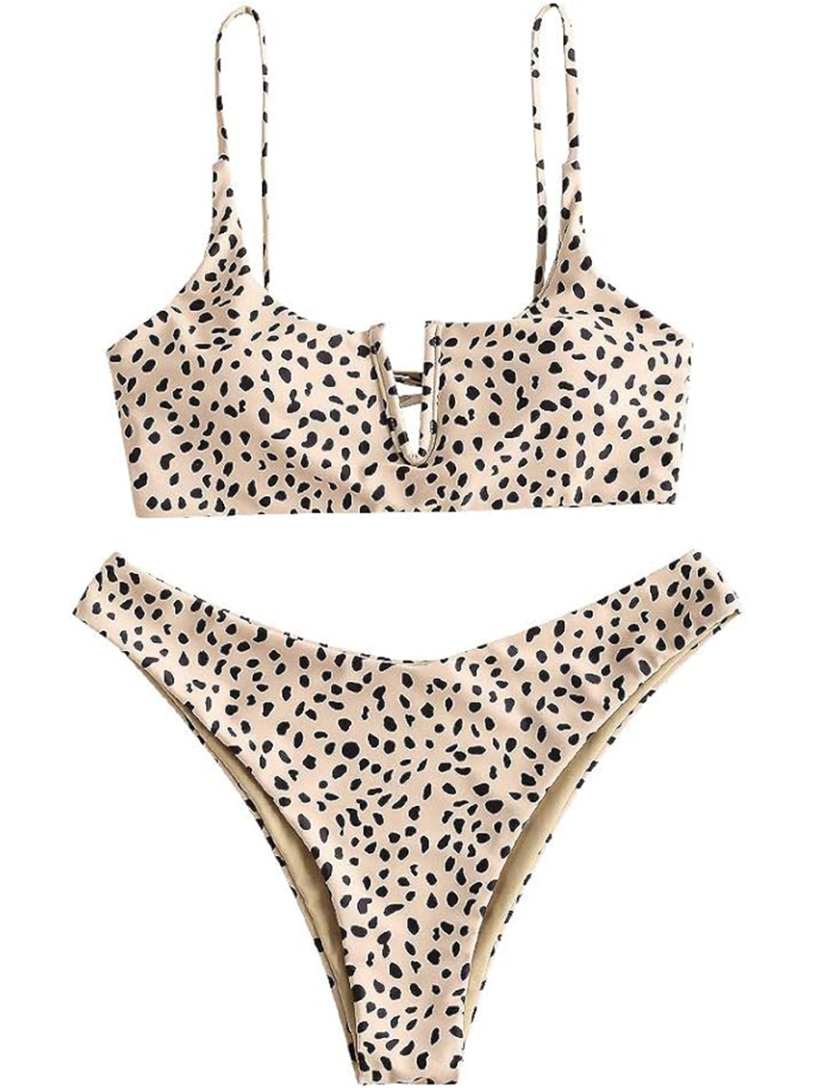 ZAFUL Conjunto de bikini con bloques de colores acanalados y estampado animal con tira en V de leopardo para mujer