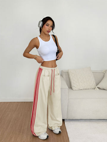 ZAFUL Women's Colorblock Straight Casual Pants Drawstring Slouchy Palazzo Pant Side Striped Lounge Trouser with Pockets-AMZ