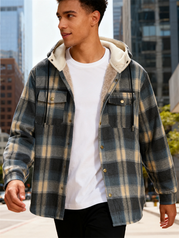 ZAFUL Men's Casual Plaid Fleece Jacket Unisex Men Drawstring Hooded Coat Fuzzy Hoodie