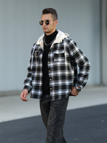 ZAFUL Men's Casual Plaid Fleece Jacket Unisex Men Drawstring Hooded Coat Fuzzy Hoodie