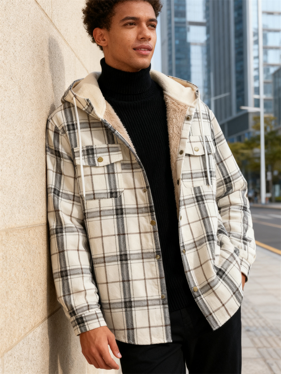 ZAFUL Men's Casual Plaid Fleece Jacket Unisex Men Drawstring Hooded Coat Fuzzy Hoodie