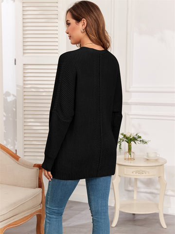 ZAFUL Women's Oversized Sweaters V Neck Long Sleeve Knit Pullover Batwing Drop Shoulder Split Tops Trendy Fall Outfits