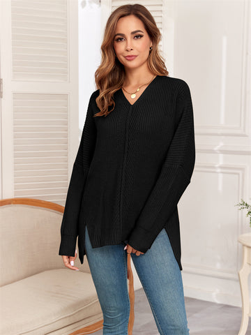 ZAFUL Women's Oversized Sweaters V Neck Long Sleeve Knit Pullover Batwing Drop Shoulder Split Tops Trendy Fall Outfits