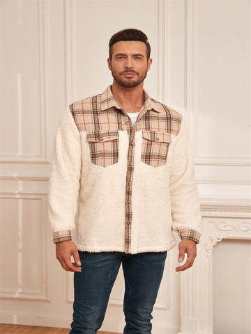 ZAFUL Men Colorblock Flannel Shirt Turn-down Collar Front Pocket Design Woolen Button Down Jacket