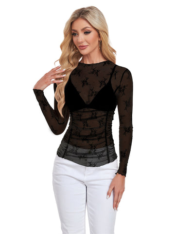 ZAFUL Women's Sexy Long Sleeve Mesh Top Crew Neck Sheer Blouse See Through Floral Lace Tops Party Tops