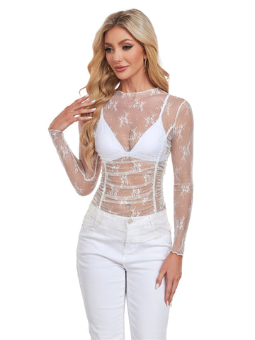 ZAFUL Women's Sexy Long Sleeve Mesh Top Crew Neck Sheer Blouse See Through Floral Lace Tops Party Tops