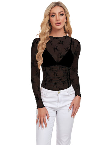 ZAFUL Women's Sexy Long Sleeve Mesh Top Crew Neck Sheer Blouse See Through Floral Lace Tops Party Tops