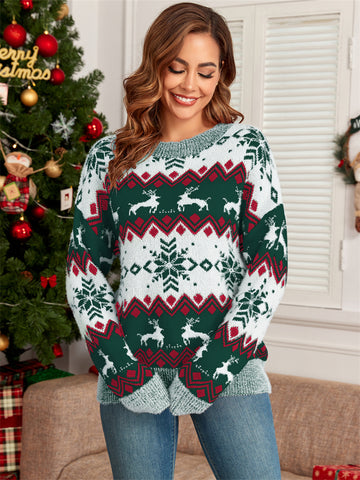 ZAFUL Christmas Sweaters for Women Snowflake Reindeer Long Sleeve Crewneck Oversized Sweater Fuzzy Knitted Pullover Tops