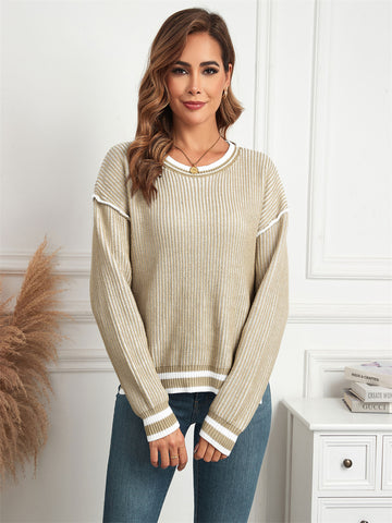 ZAFUL Women's Fall Sweaters Ribbed Knit Striped Color Block Sweater Casual Long Sleeve Crewneck Trendy Pullover Tops