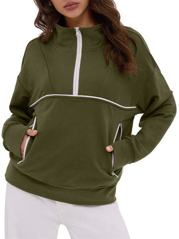 ZAFUL Women's Half Zip Pullover Collared V Neck Pockets Long Sleeve Sweatshirt
