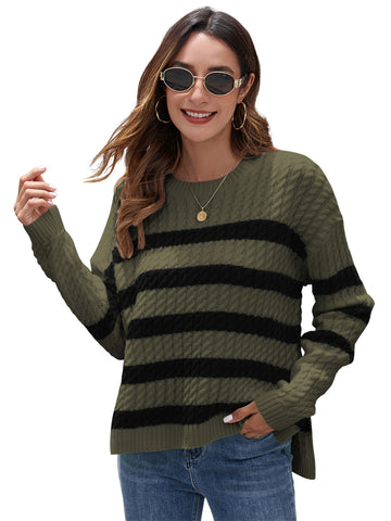 ZAFUL Women's Striped Sweaters Casual Crew Neck Long Sleeve Pullover Oversized Cable Knit Loose Jumper Tops