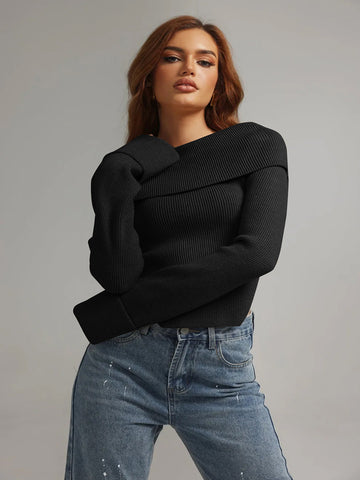 ZAFUL Off Shoulder Fold Over Sweaters Top Casual Solid Long Sleeve Jumper Fall Winter Knitted Pullover Sweater