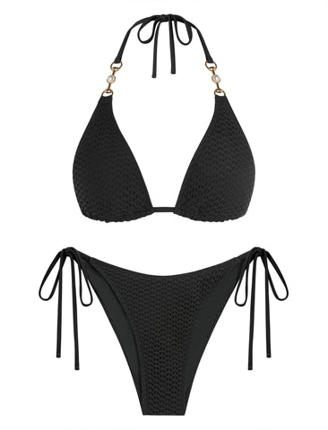 ZAFUL Textured Crochet Triangle Tie-Side Bikini Set-AMZ