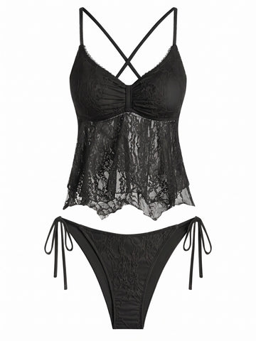 Crisscross Straps Tankini Swimsuit Set