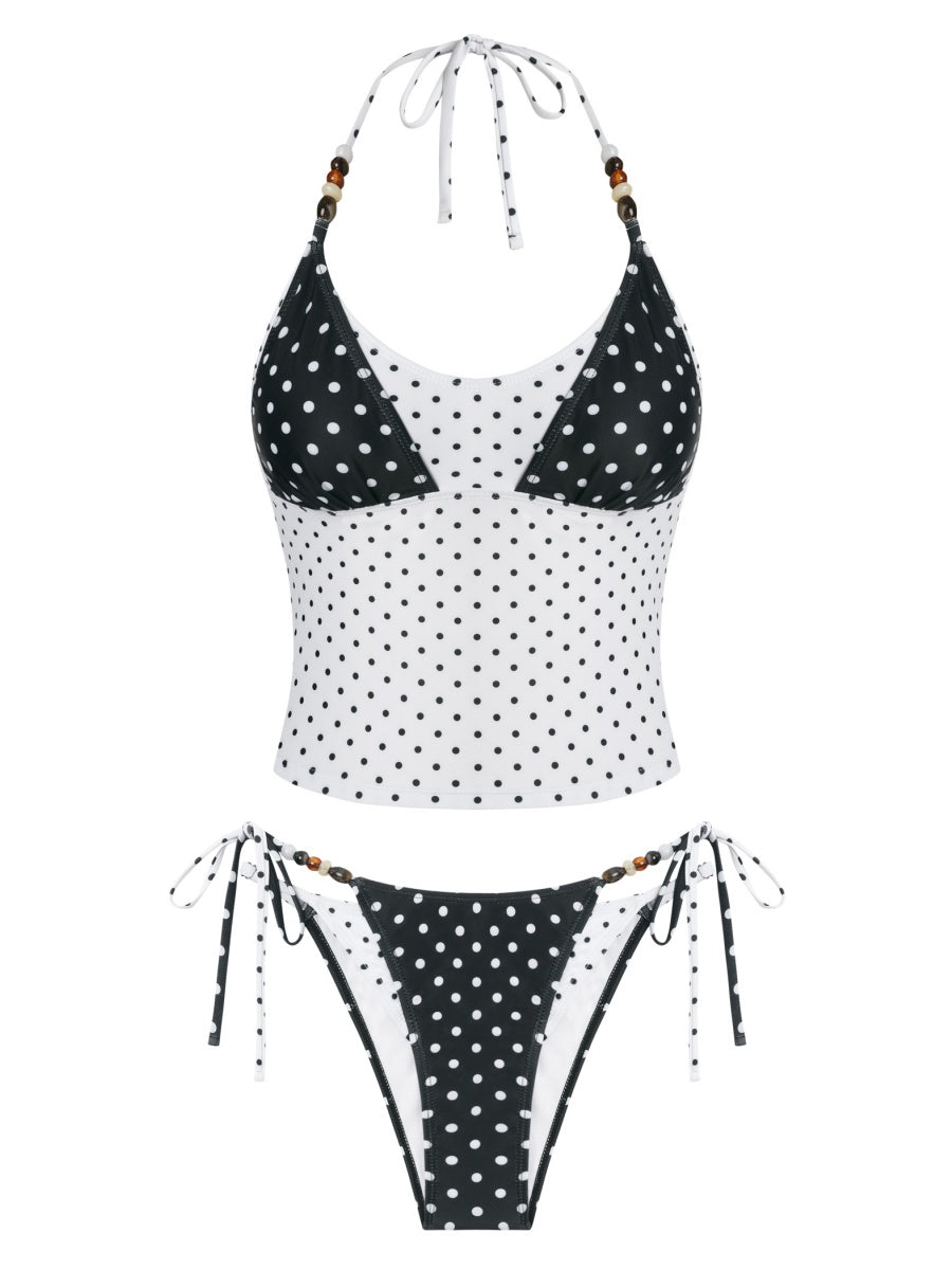 Colorblock Polka Dot Beaded Halter Bikini Set