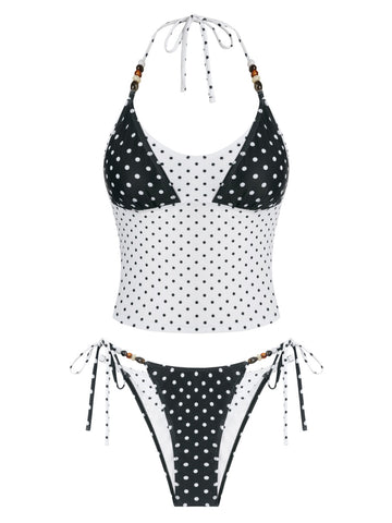 Colorblock Polka Dot Beaded Halter Bikini Set