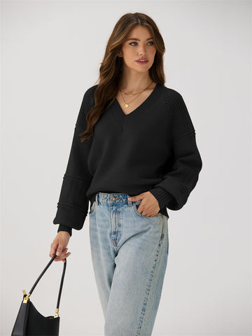 ZAFUL Women's Sweater Fall Trendy Long Sleeve V Neck Loose Casual Tunic Tops