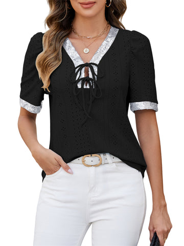 ZAFUL Womens Summer Eyelet Tops V Neck Going Out Sequin Blouse