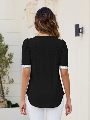 ZAFUL Womens Summer Eyelet Tops V Neck Going Out Sequin Blouse