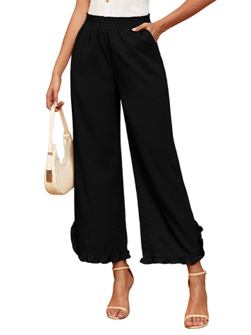 ZAFUL Womens Wide Leg Pants Casual High Waisted Ruffle Pants Summer Boho Beach Pockets Trousers