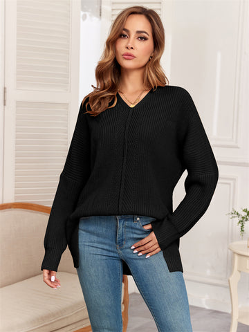 ZAFUL Women's Oversized Sweaters V Neck Long Sleeve Knit Pullover Batwing Drop Shoulder Split Tops Trendy Fall Outfits