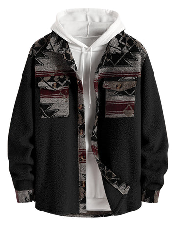 ZAFUL Men's Ethnic Aztec Printed Turn-down Collar Flap Pocket Design Button Front Jacket