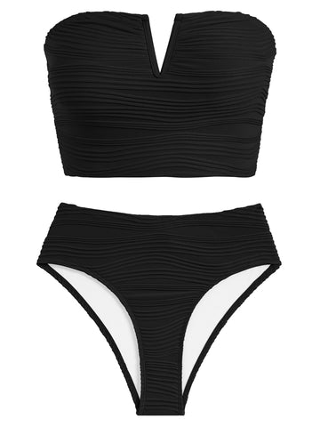 Womens Bandeau Bikini Sets Sexy Removable Shoulder Strap Two Piece Swimsuit High Cut Cute Ribbed Ladies Bathing Suit