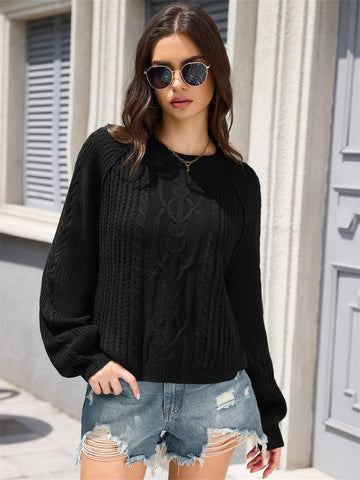 ZAFUL Women's Cable Knit Sweater Crewneck Long Lantern Sleeve Pullover-AMZ